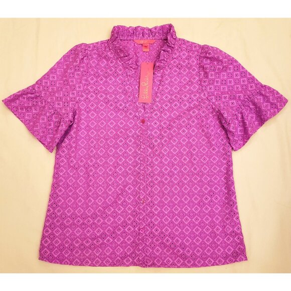 Lilly Pulitzer Calynn Eyelet Button Down Blouse Size-4 Wild Fuchsia - Picture 11 of 11